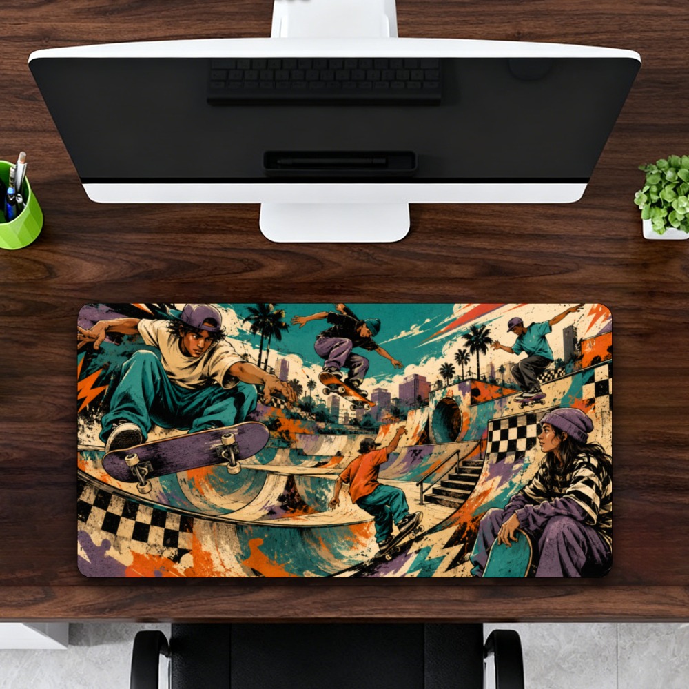 Retro Gaming Table - クールなストリートスケートボードパーク用テーブルマット - レトロコミックスタイルの特大マウスパッド - オフィスやゲーム用キーボードパッド